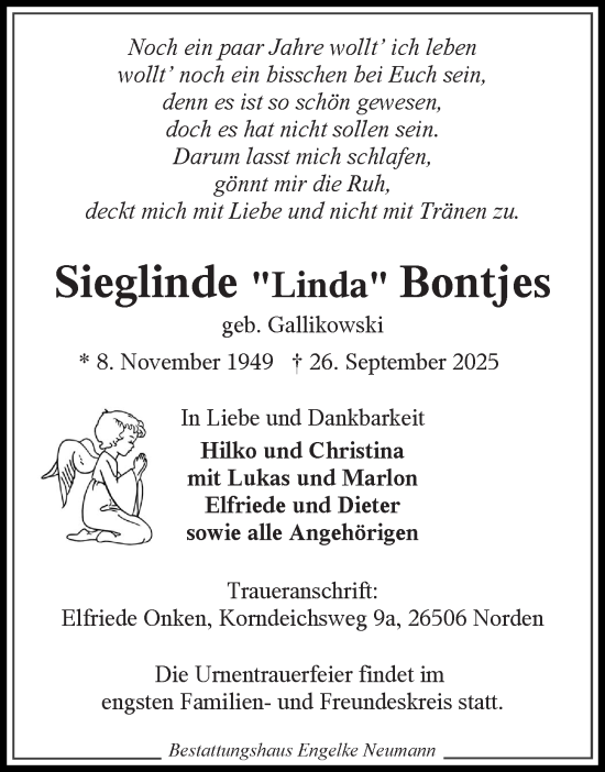Traueranzeige von Sieglinde Bontjes von Ostfriesischer Kurier