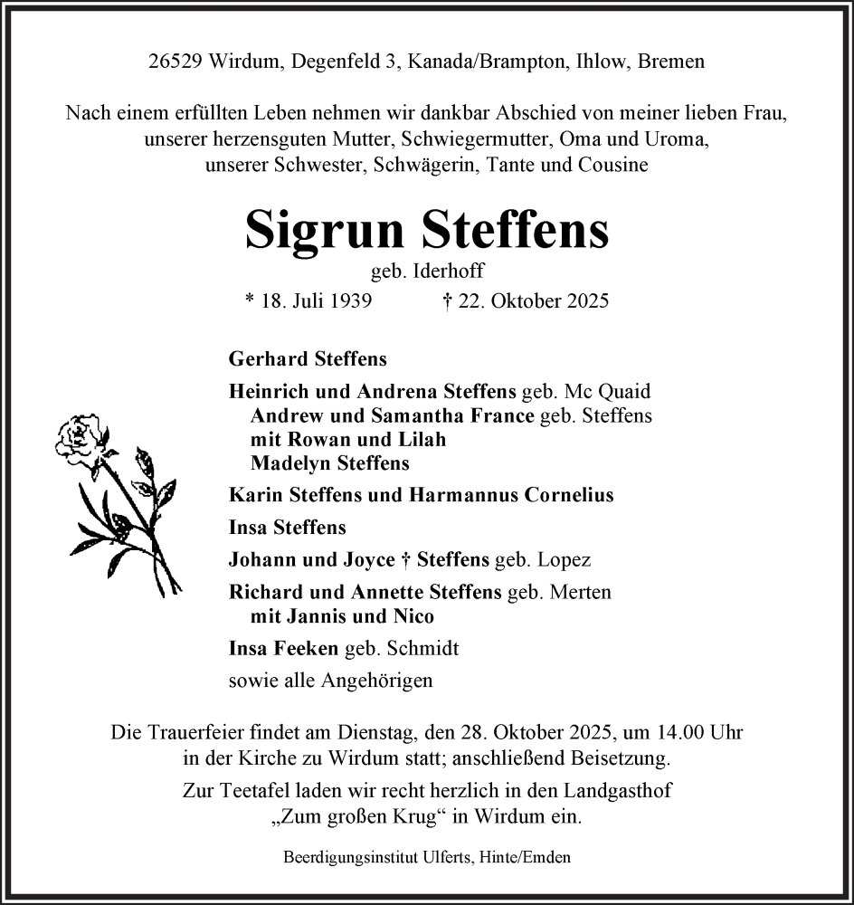  Traueranzeige für Sigrun Steffens vom 25.10.2025 aus Ostfriesischer Kurier