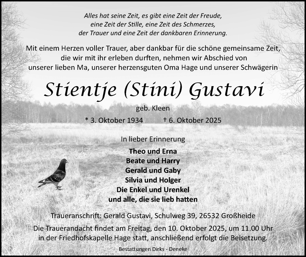  Traueranzeige für Stientje (Stini) Gustavi vom 08.10.2025 aus Ostfriesischer Kurier