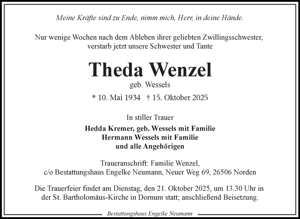  Traueranzeige für Theda Wenzel vom 18.10.2025 aus Ostfriesischer Kurier