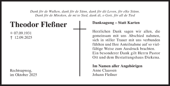 Traueranzeige von Theodor Fleßner von Ostfrisischer Kurier
