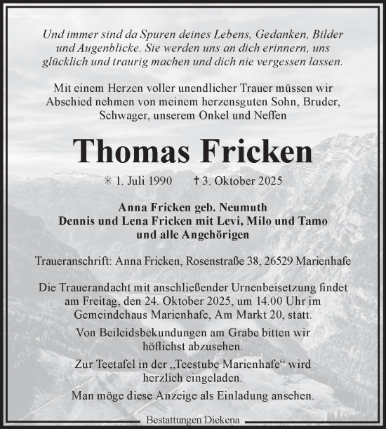 Traueranzeige von Thomas Fricken von Ostfriesischer Kurier