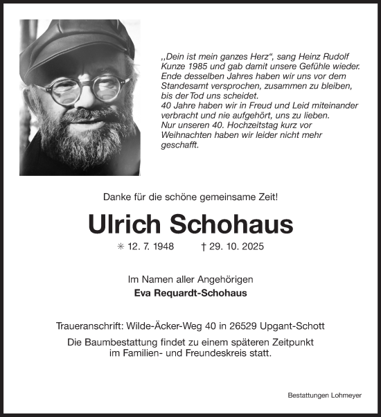 Traueranzeige von Ulrich Schohaus von Ostfrisischer Kurier