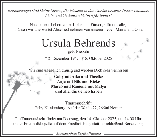 Traueranzeige von Ursula Behrends von Ostfriesischer Kurier