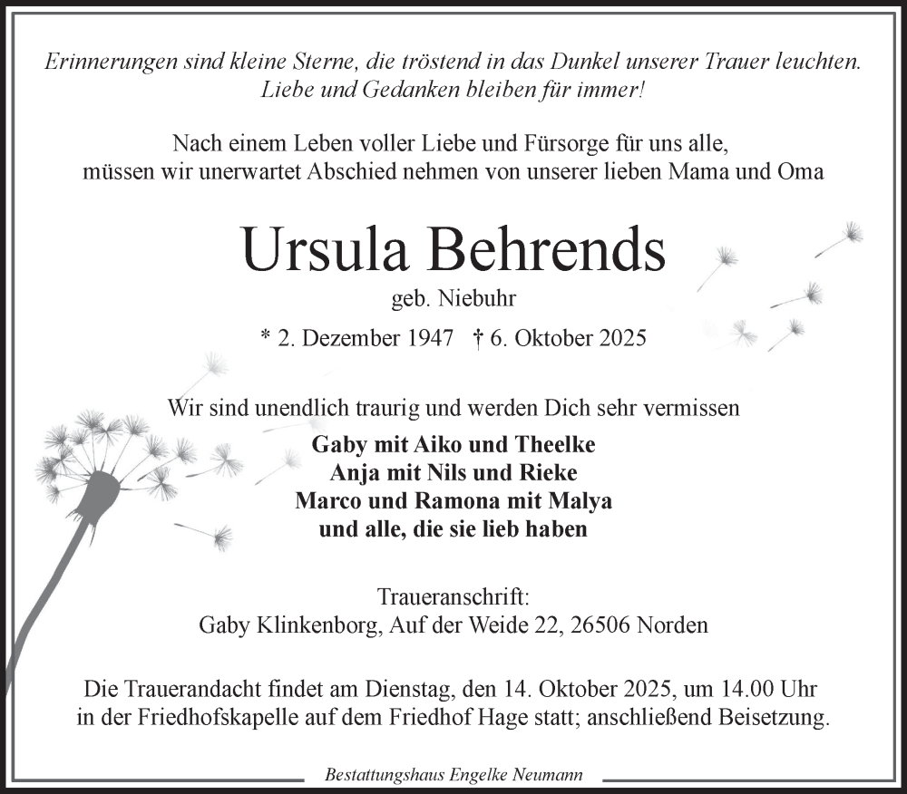  Traueranzeige für Ursula Behrends vom 11.10.2025 aus Ostfriesischer Kurier