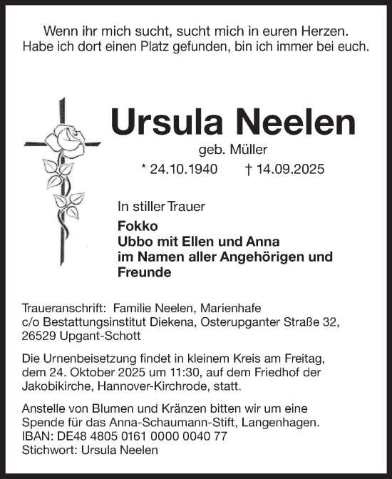 Traueranzeige von Ursula Neelen von Ostfriesischer Kurier