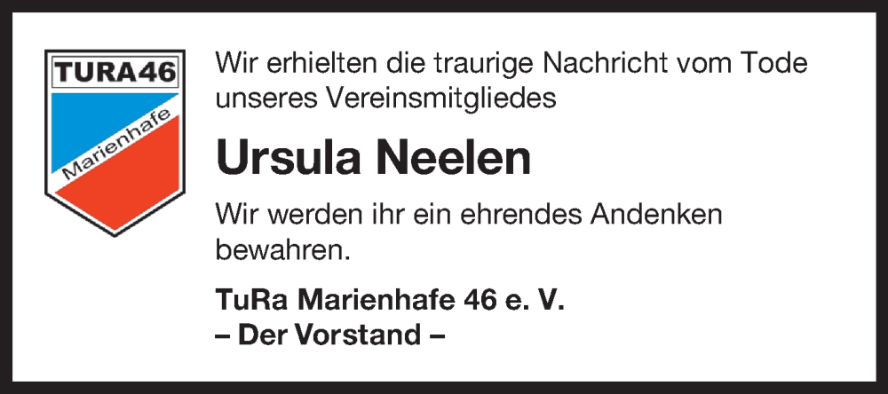  Traueranzeige für Ursula Neelen vom 21.10.2025 aus Ostfriesischer Kurier