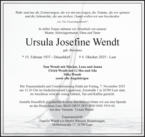 Traueranzeige von Ursula Josefine Wendt von Ostfriesischer Kurier