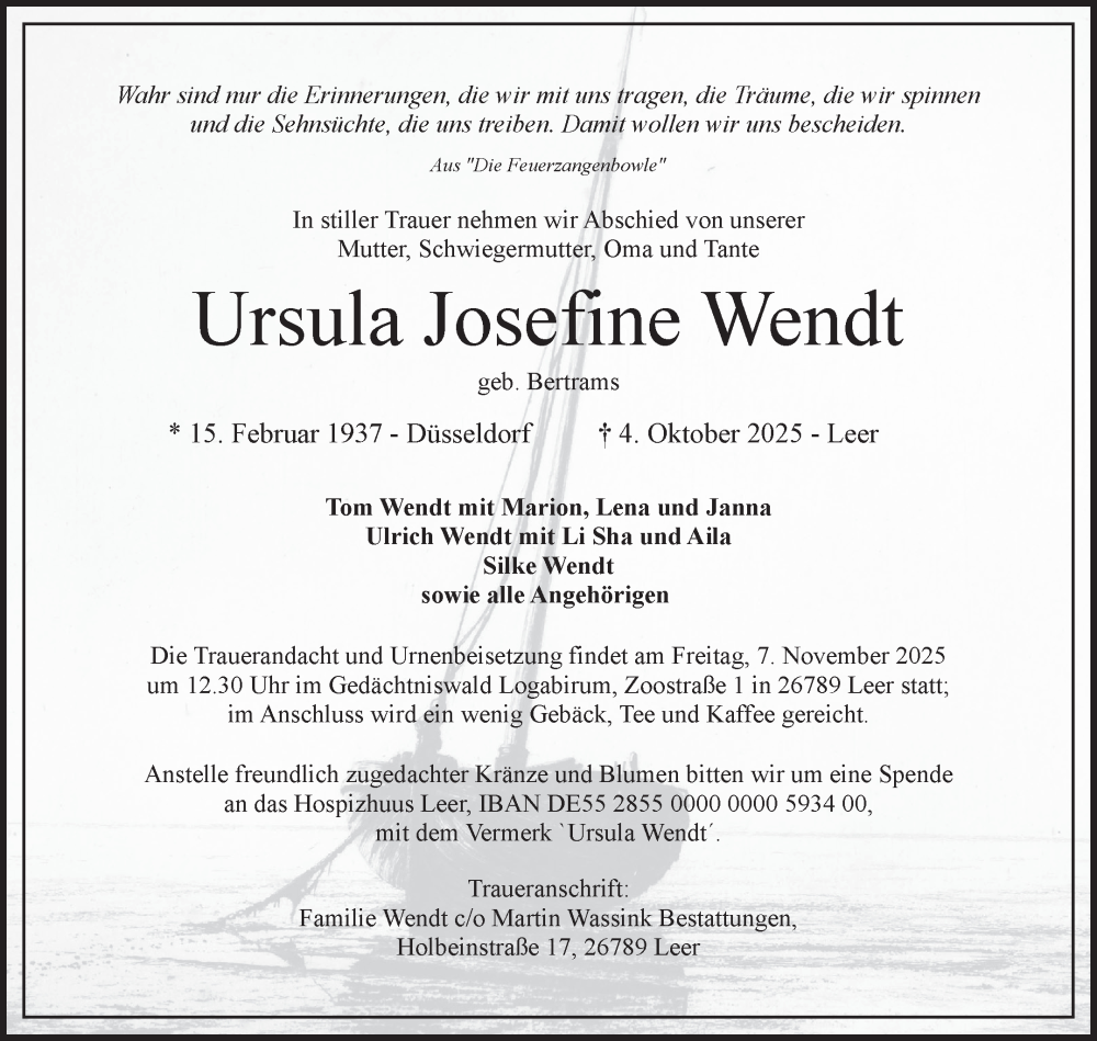 Traueranzeige für Ursula Josefine Wendt vom 11.10.2025 aus Ostfriesischer Kurier