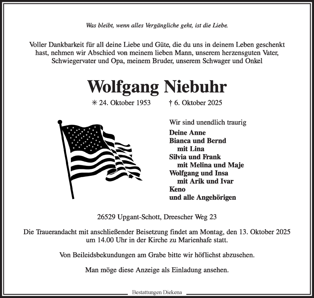  Traueranzeige für Wolfgang Niebuhr vom 09.10.2025 aus Ostfriesischer Kurier