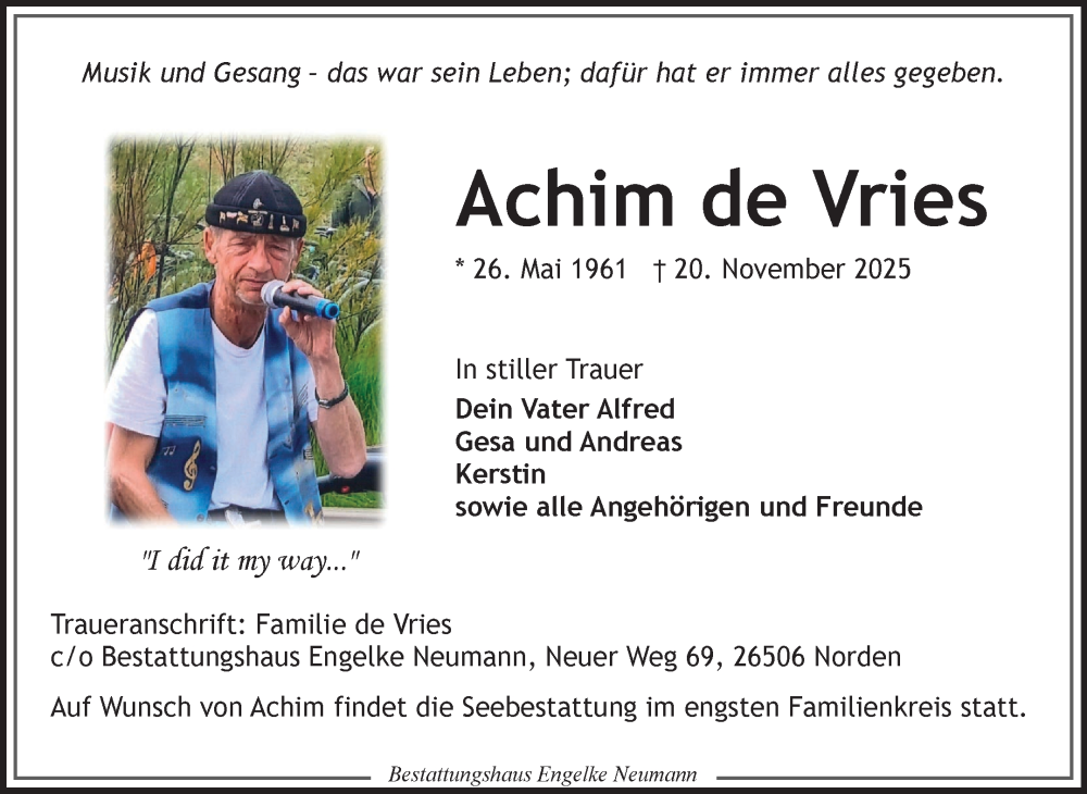  Traueranzeige für Achim de Vries vom 22.11.2025 aus Ostfriesischer Kurier
