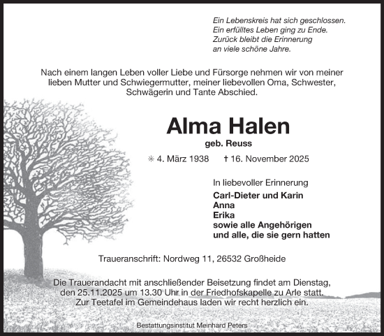 Traueranzeige von Alma Halen von Ostfriesischer Kurier