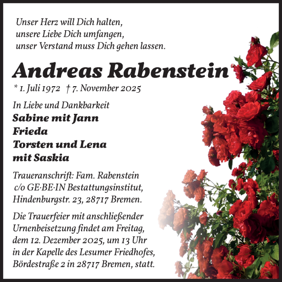 Traueranzeige von Andreas Rabenstein von Ostfriesischer Kurier