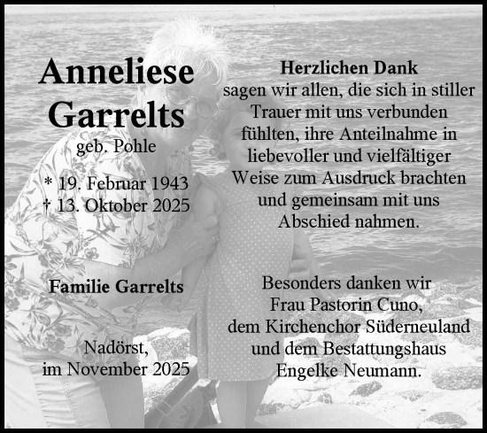 Traueranzeige von Anneliese Garrelts von Ostfriesischer Kurier