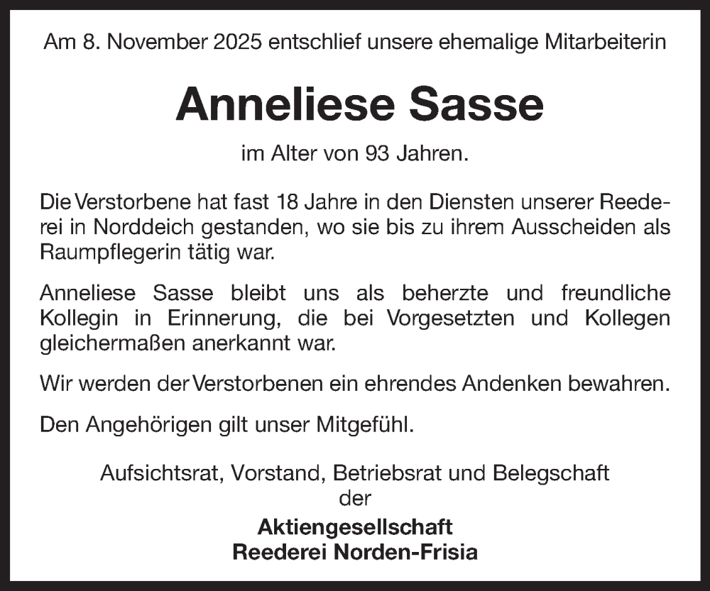  Traueranzeige für Anneliese Sasse vom 15.11.2025 aus Ostfriesischer Kurier