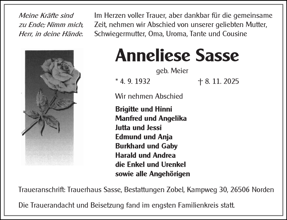  Traueranzeige für Anneliese Sasse vom 15.11.2025 aus Ostfriesischer Kurier
