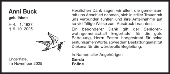 Traueranzeige von Anni Buck von Ostfriesischer Kurier