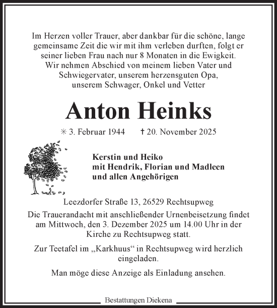 Traueranzeige von Anton Heinks von Ostfriesischer Kurier