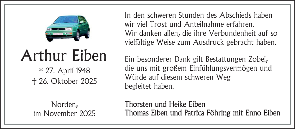  Traueranzeige für Arthur Eiben vom 29.11.2025 aus Ostfriesischer Kurier