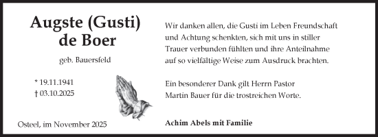 Traueranzeige von Augste de Boer von Ostfriesischer Kurier