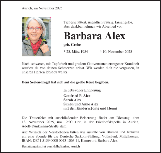 Traueranzeige von Barbara Alex von Ostfriesischer Kurier