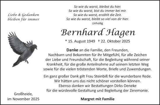 Traueranzeige von Bernhard Hagen von Ostfriesischer Kurier