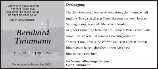 Traueranzeige von Bernhard Tuinmann von Ostfriesischer Kurier