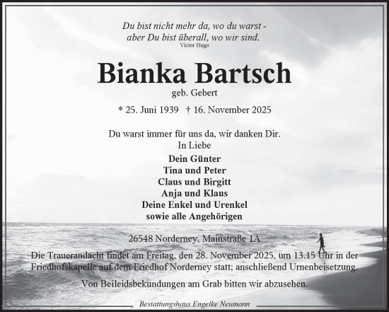 Traueranzeige von Bianka Bartsch von Ostfriesischer Kurier