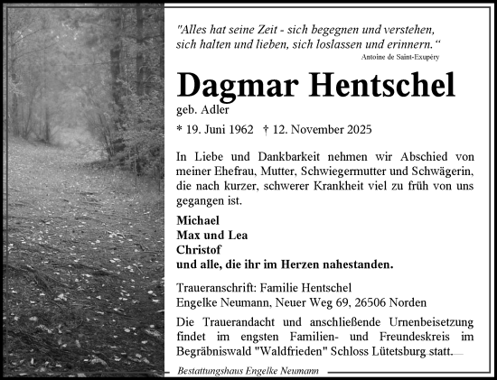 Traueranzeige von Dagmar Hentschel von Ostfriesischer Kurier