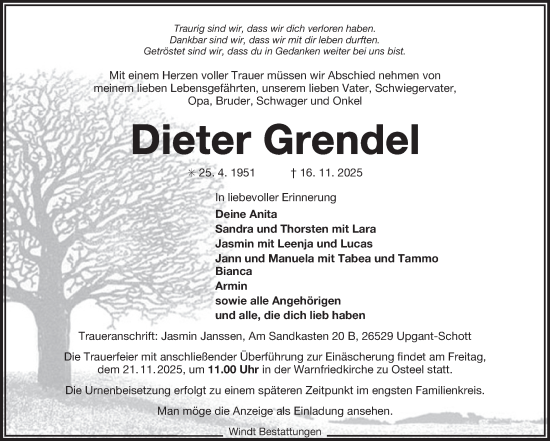 Traueranzeige von Dieter Grendel von Ostfriesischer Kurier