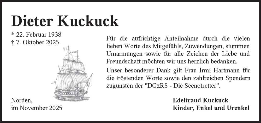  Traueranzeige für Dieter Kuckuck vom 22.11.2025 aus Ostfriesischer Kurier