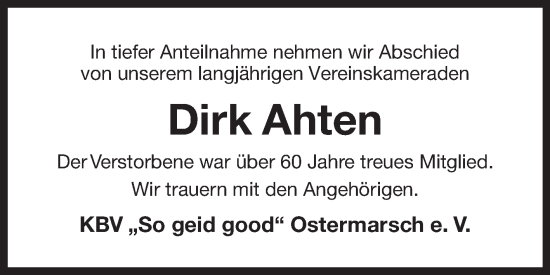 Traueranzeige von Dirk Ahten von Ostfriesischer Kurier