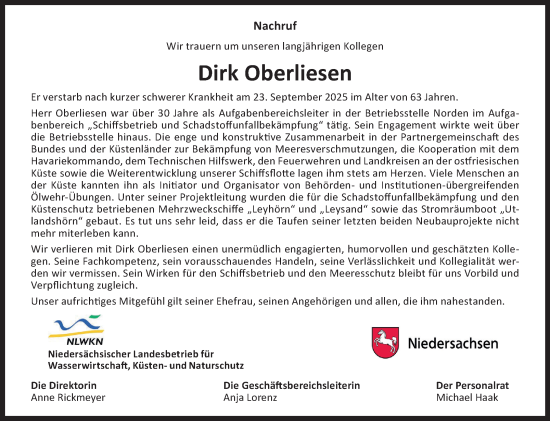 Traueranzeige von Dirk Oberliesen von Ostfriesischer Kurier