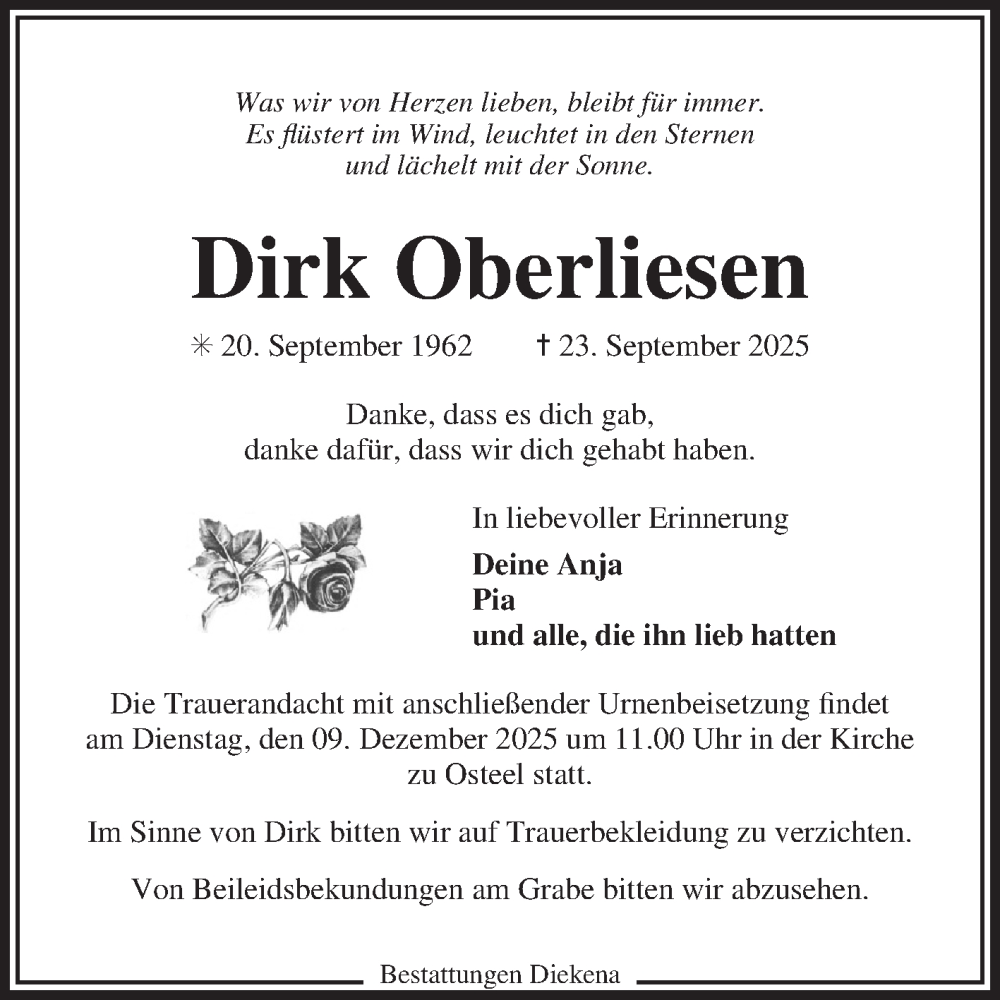  Traueranzeige für Dirk Oberliesen vom 28.11.2025 aus Ostfriesischer Kurier