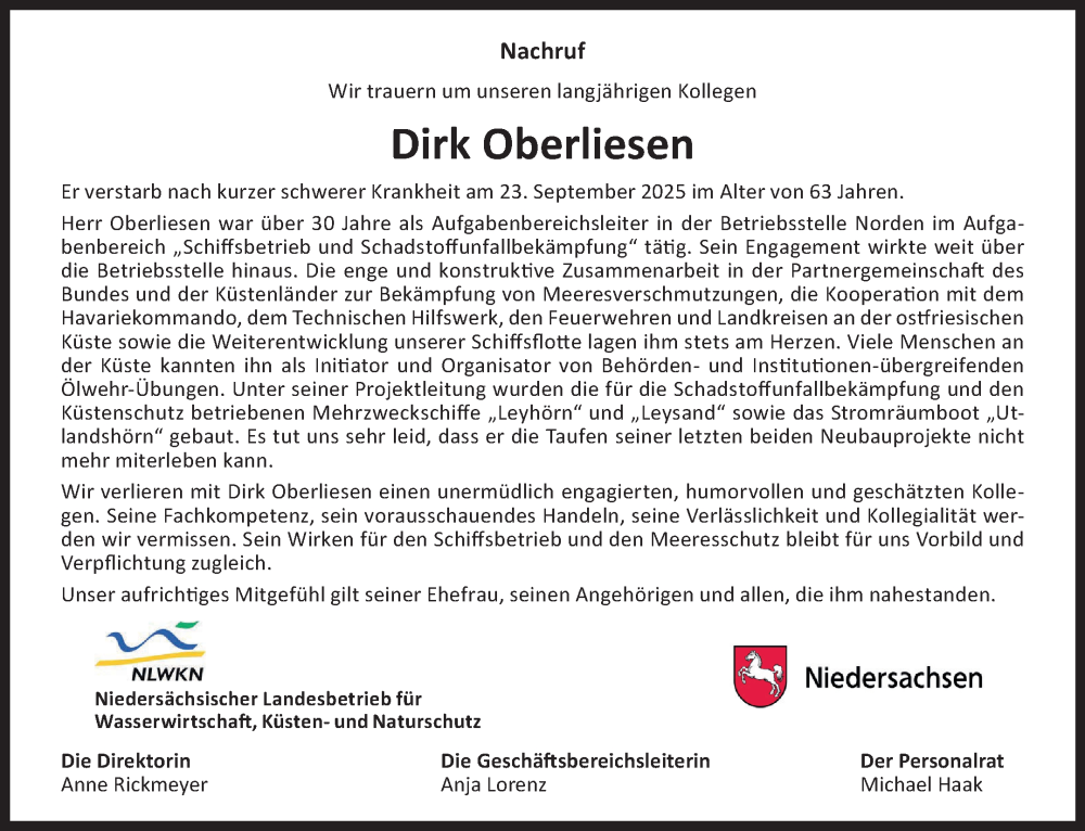  Traueranzeige für Dirk Oberliesen vom 29.11.2025 aus Ostfriesischer Kurier