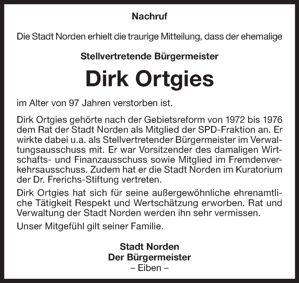  Traueranzeige für Dirk Ortgies vom 19.11.2025 aus Ostfriesischer Kurier