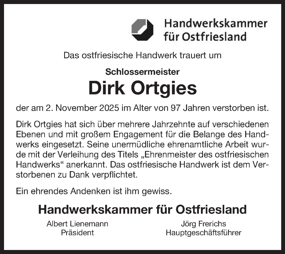  Traueranzeige für Dirk Ortgies vom 11.11.2025 aus Ostfriesischer Kurier