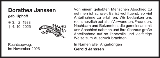 Traueranzeige von Dorathea Janssen von Ostfriesischer Kurier