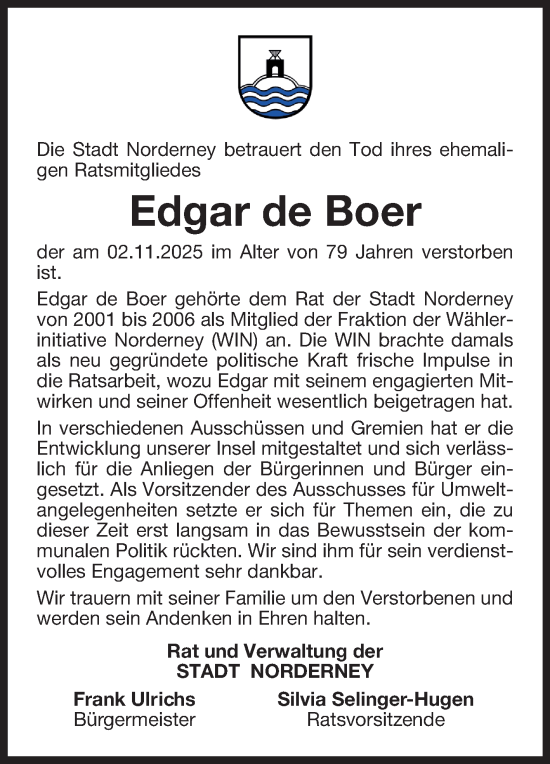 Traueranzeige von Edgar de Boer von Ostfriesischer Kurier