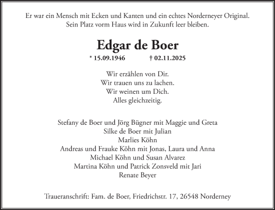 Traueranzeige von Edgar de Boer von Ostfriesischer Kurier