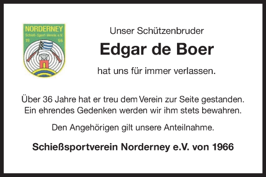 Traueranzeige von Edgar de Boer von Ostfriesischer Kurier