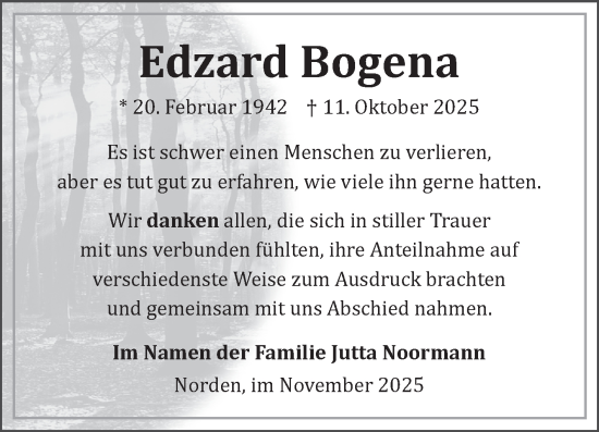 Traueranzeige von Edzard Bogena von Ostfriesischer Kurier