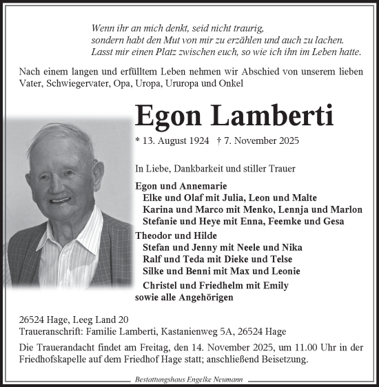 Traueranzeige von Egon Lamberti von Ostfriesischer Kurier