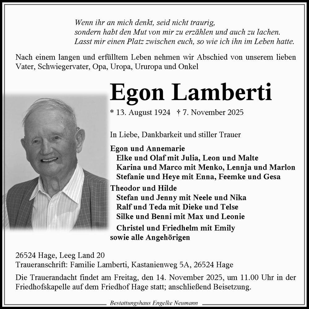  Traueranzeige für Egon Lamberti vom 10.11.2025 aus Ostfriesischer Kurier