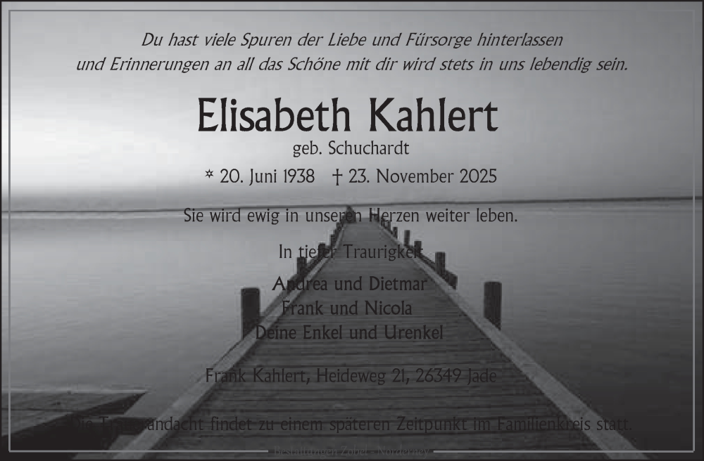  Traueranzeige für Elisabeth Kahlert vom 26.11.2025 aus Ostfriesischer Kurier