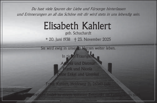 Traueranzeige von Elisabeth Kahlert von Ostfriesischer Kurier