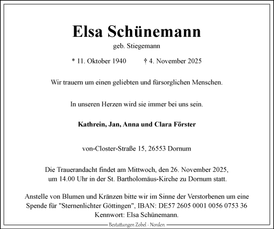 Traueranzeige von Elsa Schünemann von Ostfriesischer Kurier