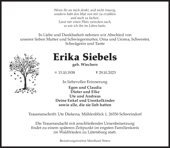 Traueranzeige von Erika Siebels von Ostfriesischer Kurier