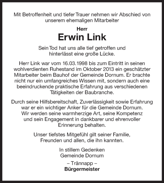 Traueranzeige von Erwin Link von Ostfriesischer Kurier