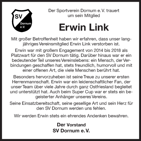 Traueranzeige von Erwin Link von Ostfriesischer Kurier